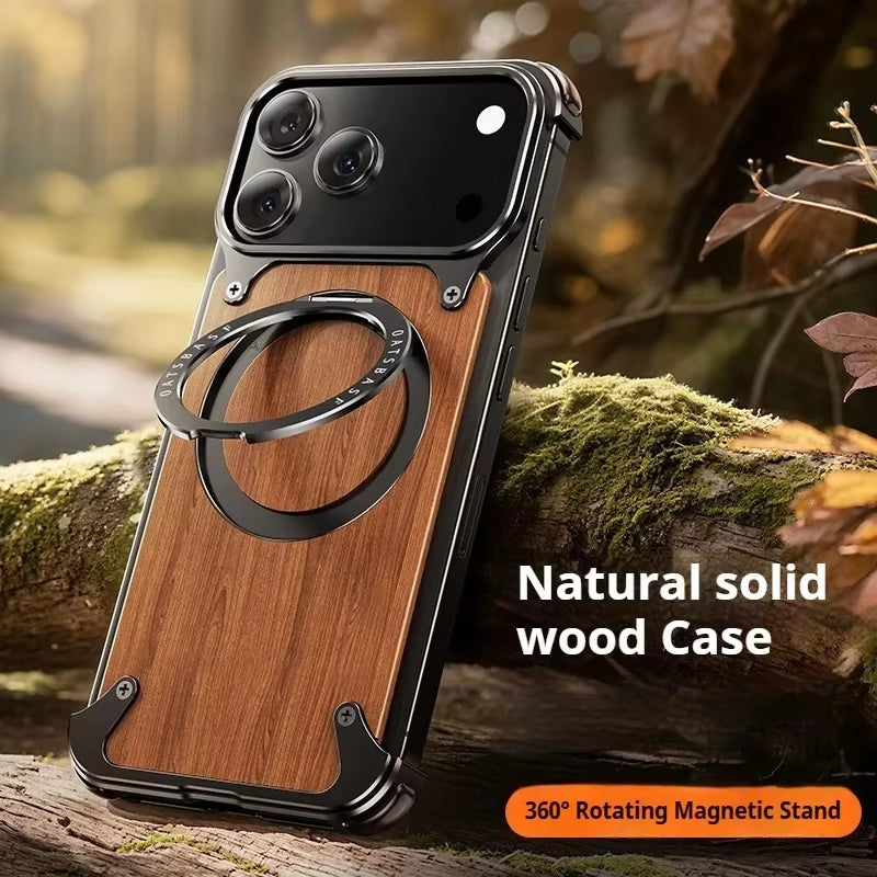 Natural Wood for Iphone 17 16 15 Pro Max Case Frameless with Magsafe Phone Stand Shockproof Protective Iphone 14 Pro Cover