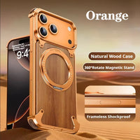 Natural Wood for Iphone 17 16 15 Pro Max Case Frameless with Magsafe Phone Stand Shockproof Protective Iphone 14 Pro Cover
